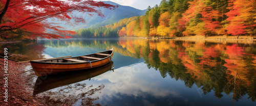 Lake Boat and Autumn Leaves © Adobe Contributor