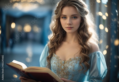 Beautiful young princess woman, wearing blue dress