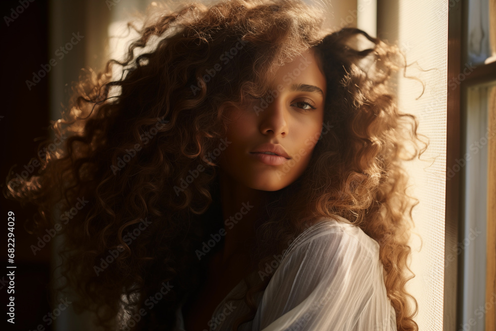 Portrait of a beautiful young woman with curly brown hair standing near the window in the sunlight