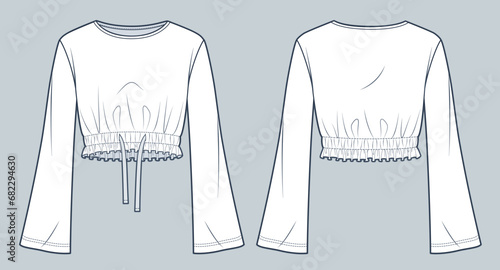  Bell Sleeve Top fashion flat tehnical drawing template. Crop Top technical fashion illustration, round neck, relaxed fit, drawstring waist, front, back view, white, girls, women Shirt CAD mockup. photo