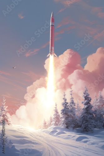 A rocket ignites its engines, preparing for takeoff amongst snowy forest surroundings photo
