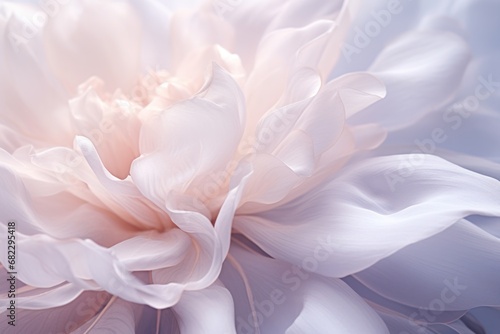  a close up of a white flower on a blue and white background with a blurry image of a large flower in the center of the center of the flower.