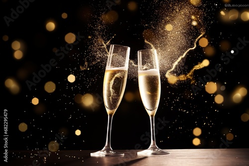 champagne glasses with bokeh lights for happy new year party celebration 