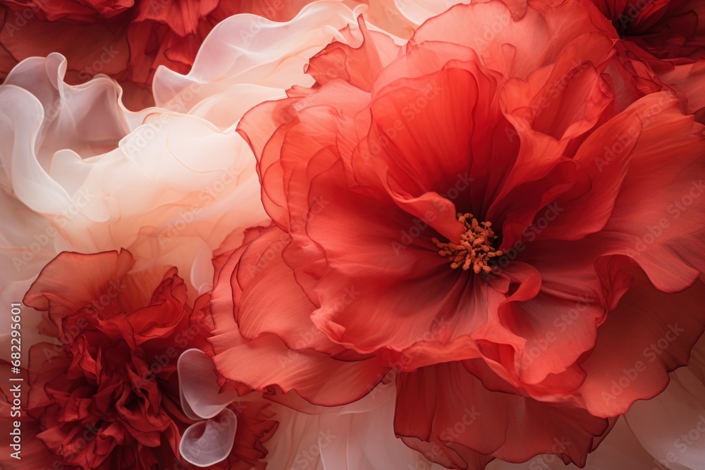  a close up of red and white flowers on a white and red background with a red center in the middle of the flower and the center of the petals is a red center of the flower.