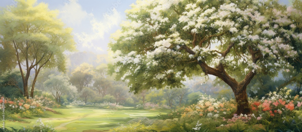 In the midst of a vibrant summer, the tree stood proudly adorned with lush green leaves and delicate white blossoms, emanating the floral beauty of a rose garden. The tropical plant created a