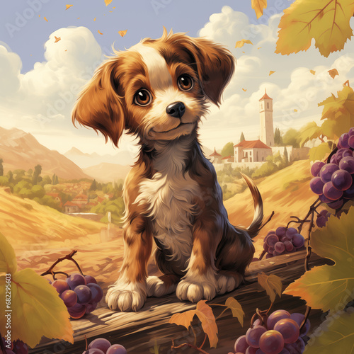 Cachorro marrom fofo no pé de uvas roxas - Ilustração infantil photo