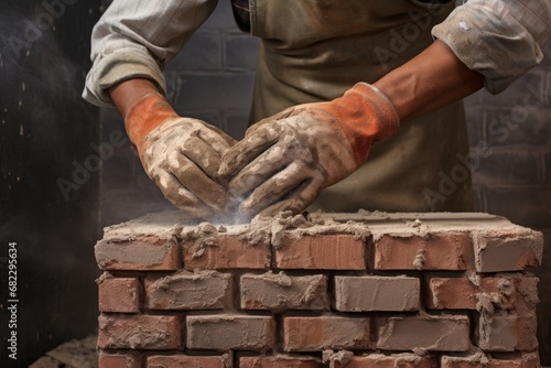 workers gloved hand using a trowel to apply mortar to a brick