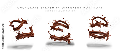 3D chocolate sprinkles. Set of vector objects in different positions. Sweet fragrant splashes with reflections and shadows. Images for design of desserts, sweets, cosmetics with chocolate flavor