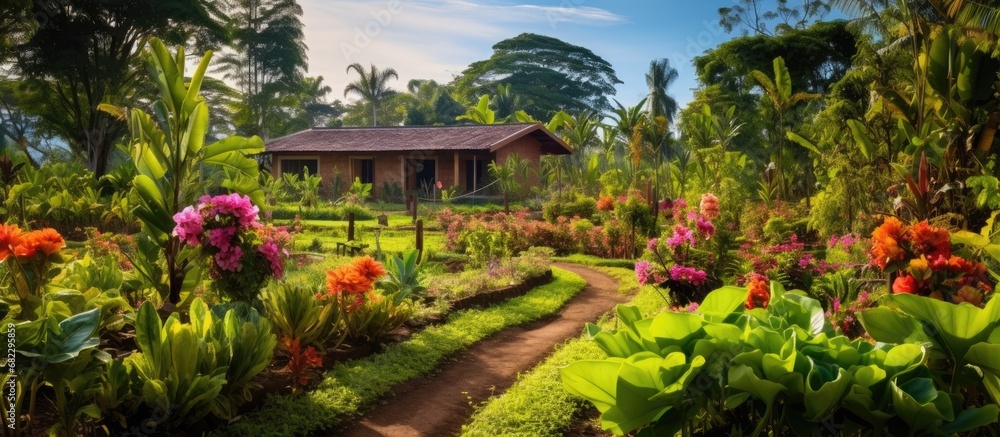In Country, a business specializing in tropical flowers and food operates from a lush green garden, where the sky paints a picturesque backdrop to the vibrant landscape of nature. The diligent work in