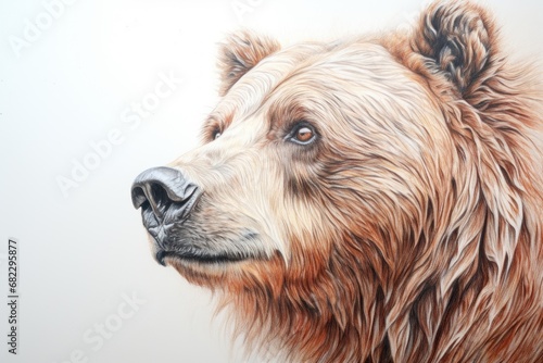  a close up of a brown bear's face with a white back ground and a white back ground with a white back ground and a brown bear's head.