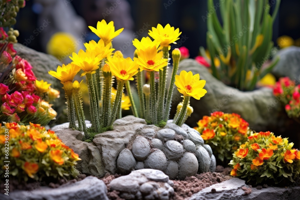 cacti with bright yellow flowers in a rock garden