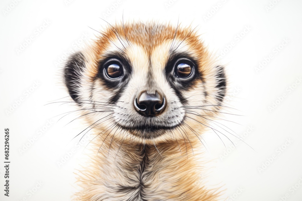 a drawing of a meerkat's face with brown and white fur on it's fur and a black nose and a white background with a white background. a drawing of a meerkat's face with brown and white fur on it's fur and a black nose and a white background with a white background.