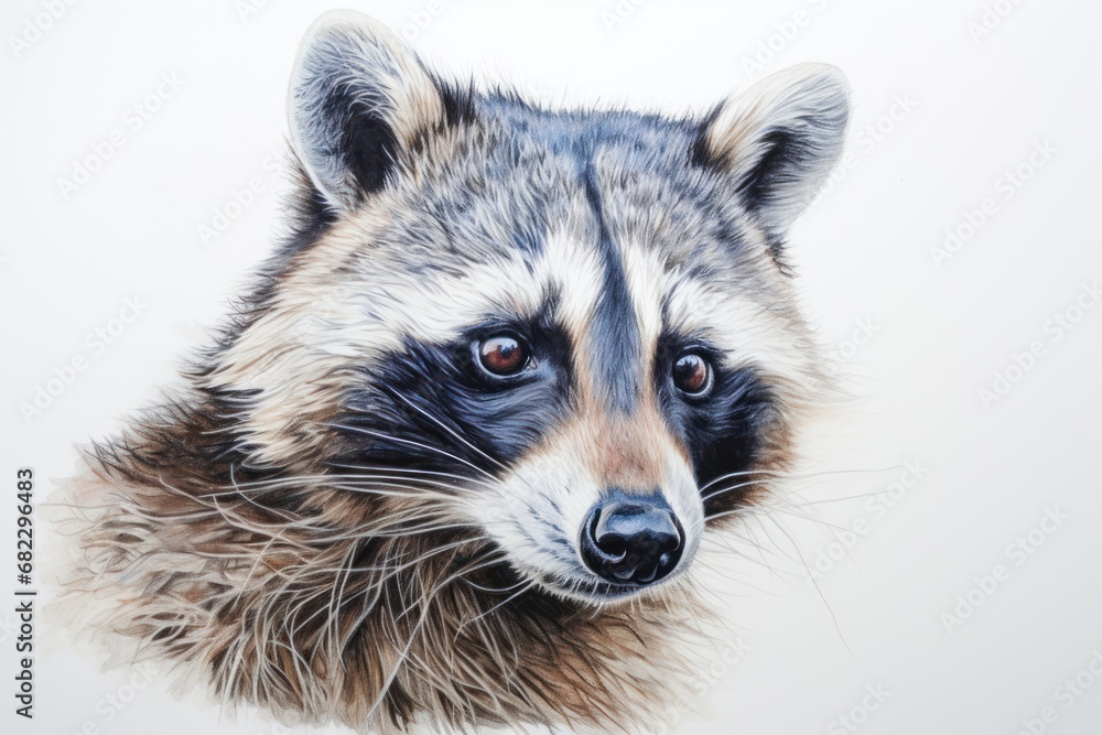  a close up of a raccoon's face on a white background with a blurry image of the raccoon's head and the raccoon's eyes.
