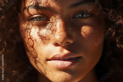Portrait of a beautiful mixed race woman with curly brown hair in the sunlight looking at the camera
