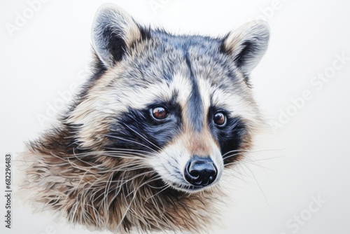  a close up of a raccoon's face on a white background with a blurry image of the raccoon's head and the raccoon's eyes.