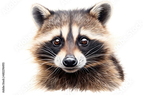  a close up of a raccoon's face with brown and white fur on it's face and a black nose, with a black nose and white background. © Nadia