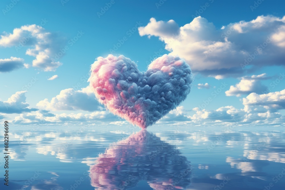 a heart shaped cloud floating on top of a body of water under a blue ...