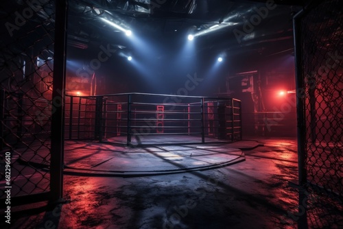 a wide-angle shot of an empty cage fight arena under dramatic lighting photo