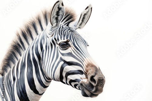  a close up of a zebra s head with its mouth open and it s head turned slightly to the side  with a white background of the zebra s head.