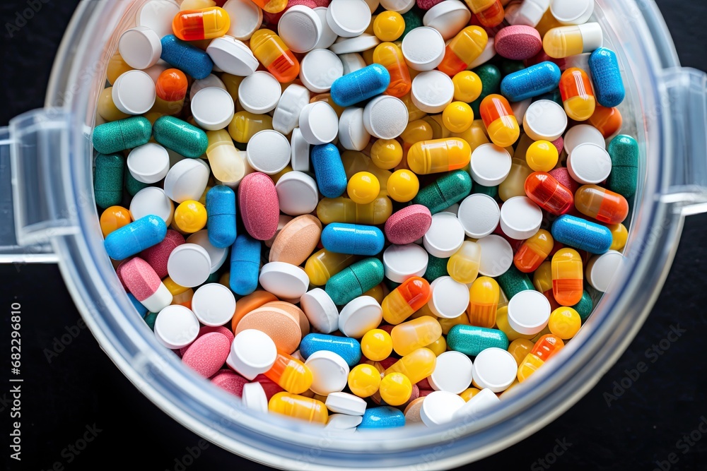 Plastic container with coloured pills on black background Plastic container with coloured pills on black background