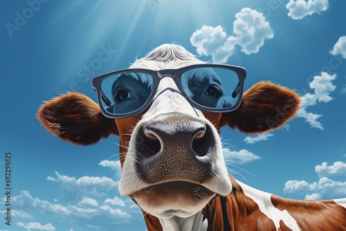  a close up of a cow wearing a pair of sunglasses with the sky in the background and clouds in the foreground, with the sun shining down on the cow's nose.