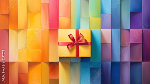 paquet cadeau au milieu de formes géométrique de plusieurs couleurs photo