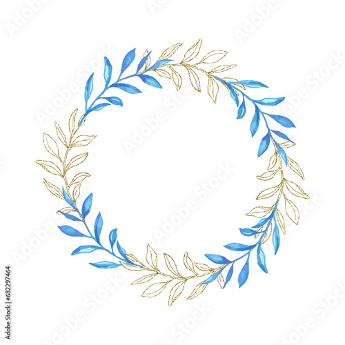 Eucalyptus line art  gold glitter and blue watercolor leaves circle frame wreath for card or invitation  vector illustration  isolate on white background