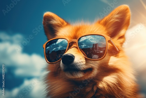  a close up of a dog wearing sunglasses with a city in the reflection of it's reflection in it's reflection in the lens of another dog's sunglasses. © Nadia