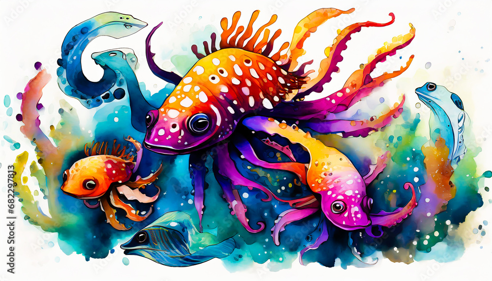 vibrant color Deep-sea creatures in gouache with white background
