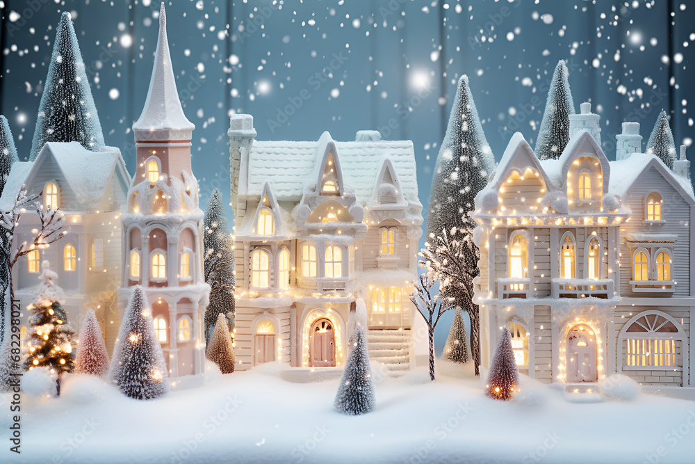 Beautiful white houses city scape decorated with garlands for the Christmas holiday Beautiful white houses city scape decorated with garlands for the Christmas holiday