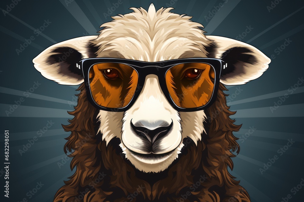  a sheep wearing a pair of sunglasses with a sunburst on it's head and the image of a sheep wearing a pair of sunglasses with a sunburst on it's head.