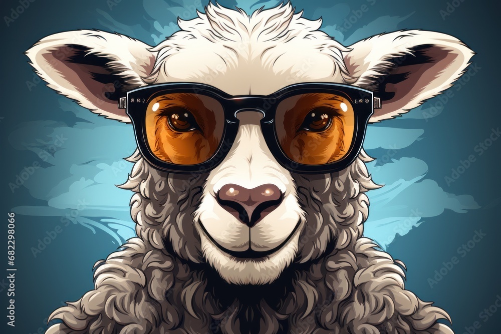 Fototapeta premium a close up of a sheep with sunglasses on it's head and a blue background with clouds and birds in the sky behind the sheep is wearing a pair of sunglasses.