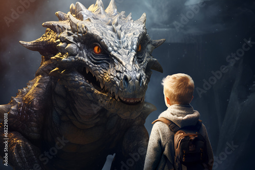 Back view of little child boy with backpack meeting dragon face to face at the magic world of dragons photo