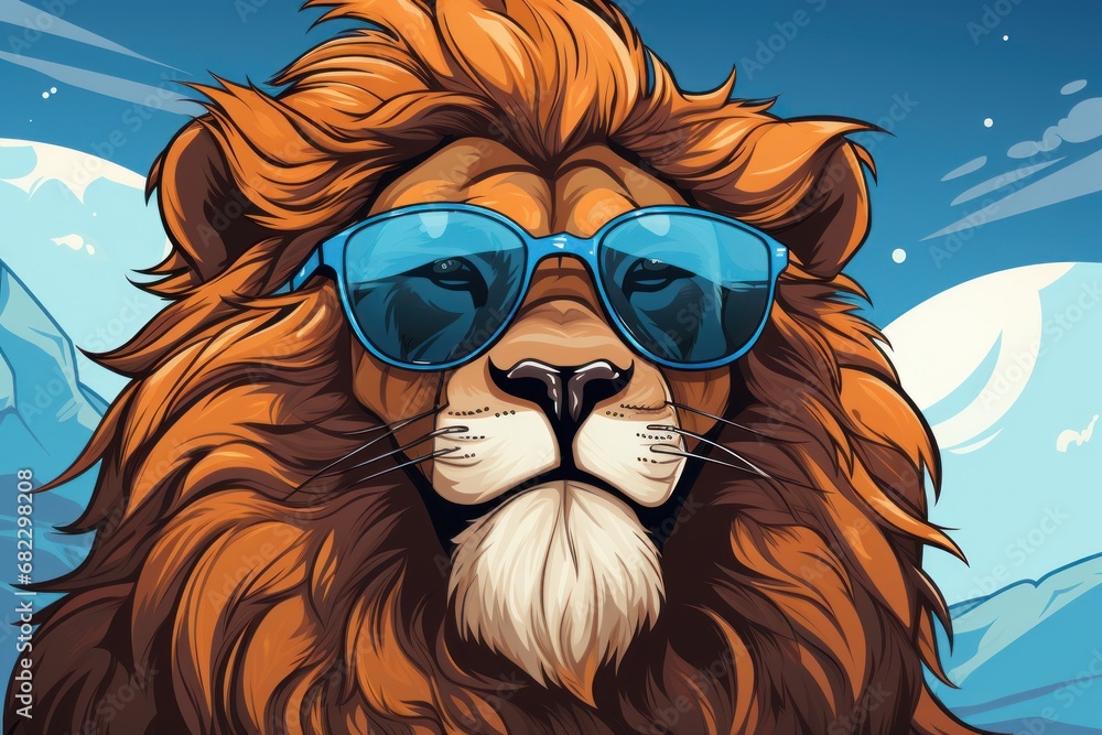 Poster Print a picture of a lion with sunglasses on it s face and a mountain in the background with snow on it s sides and a blue sky with clouds