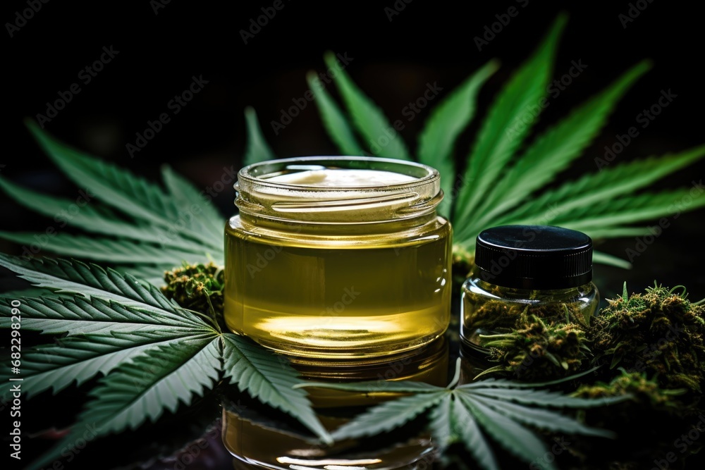 close-up of cannabis leaf resting on a jar of face cream close-up of cannabis leaf resting on a jar of face cream