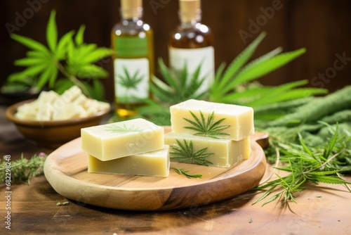 cannabis-infused soap bars on a rustic wooden table with hemp plant in background