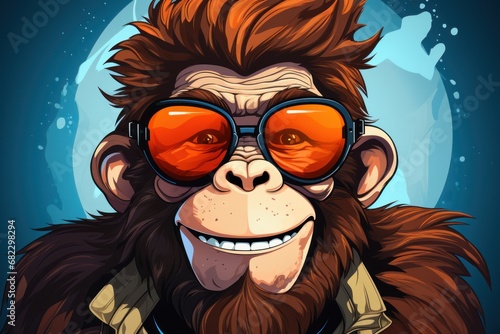  an illustration of a monkey wearing sunglasses with a full moon in the background and a full moon in the sky in the middle of the middle of the frame of the image.