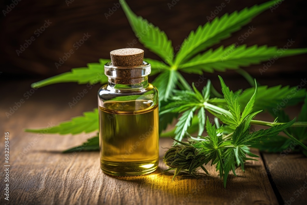 hemp oil bottle with dropper next to a green plant hemp oil bottle with dropper next to a green plant