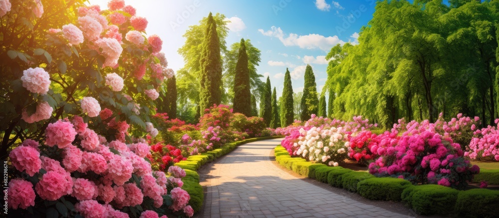 In the vibrant landscapes of Country, people immerse themselves in the beauty of nature during summer travels, admiring the colorful floral designs and the lush green gardens, where rose bushes thrive