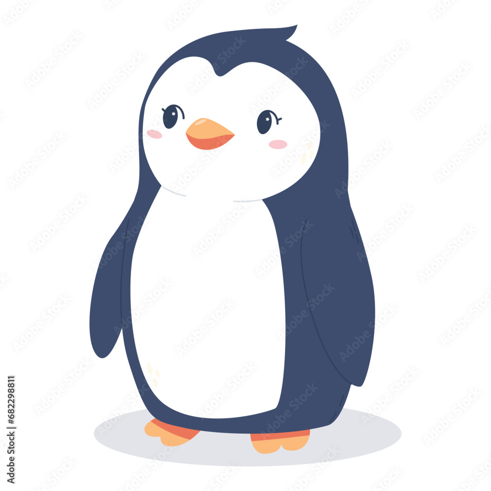 Fototapeta premium attractive penguin highlighted on a white background. Charming cartoon Arctic resident. Colorful children's vector illustration in a flat style. For stickers, postcards, decoration, posters, AD