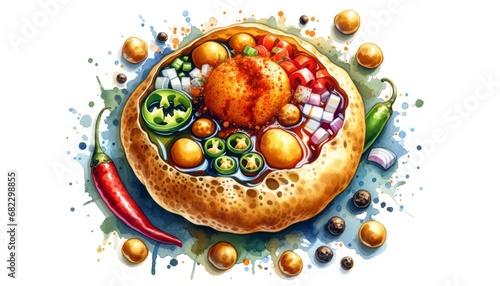 A watercolor illustration of Pani Puri, featuring hollow, crisp spheres filled with flavored water, tamarind chutney, chili, chaat masala, potatoes, onions, and chickpeas, capturing the crispness and 