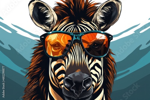  a close up of a zebra with sunglasses on it's face and a background of blue water and a zebra's head with a zebra's head wearing a pair of sunglasses.