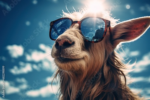  a close up of a goat wearing sunglasses with the sky in the back ground and clouds in the back ground, with a blue sky and white clouds in the background. © Nadia