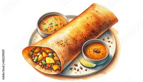 A watercolor depiction of Masala Dosa, featuring a large, crispy dosa with spiced potato filling, accompanied by sambar and coconut chutney, highlighting the dish's golden-brown color and the textures
