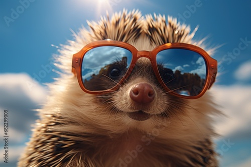  a hedgehog wearing a pair of sunglasses in front of a blue sky with puffy clouds and a sunburst in the middle of it's lens.