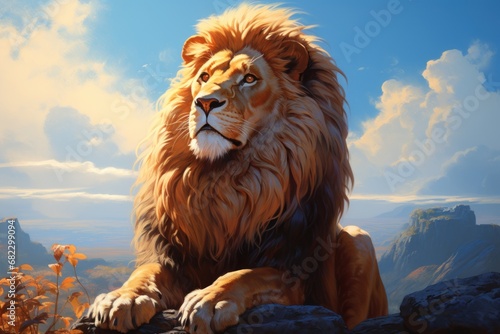  a painting of a lion sitting on a rock in a field with mountains in the background and a blue sky with clouds in the sky with white fluffy white clouds. © Nadia