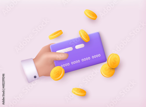 Hand holding a credit card. 3D credit card money financial security for online shopping. 3D Vector Illustrations.