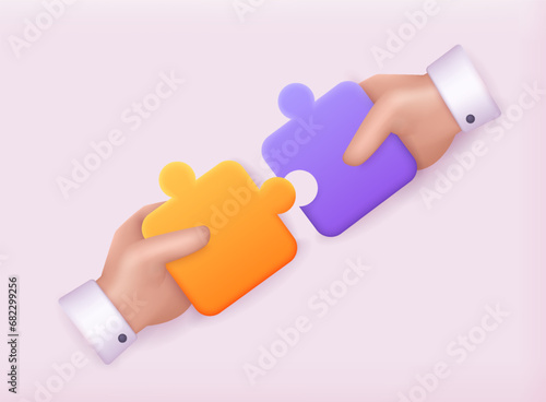 3D jigsaw puzzle pieces. Hand holding puzzle pieces. Symbol of teamwork. Business solutions, success and strategy concept. 3D Vector Illustrations.