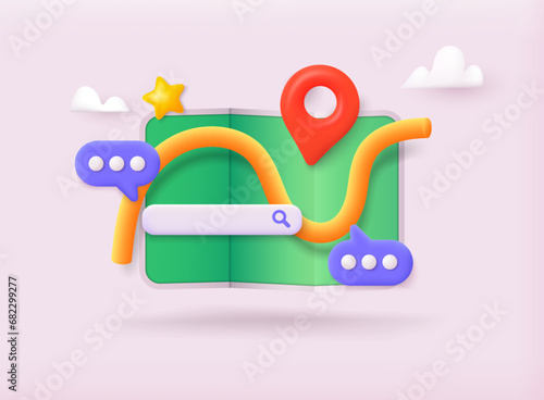 3D vector map icon with pin pointer and search bar. 3D Vector Illustrations.