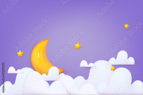 Night sky background with half moon, clouds and stars. 3D Vector Illustrations.